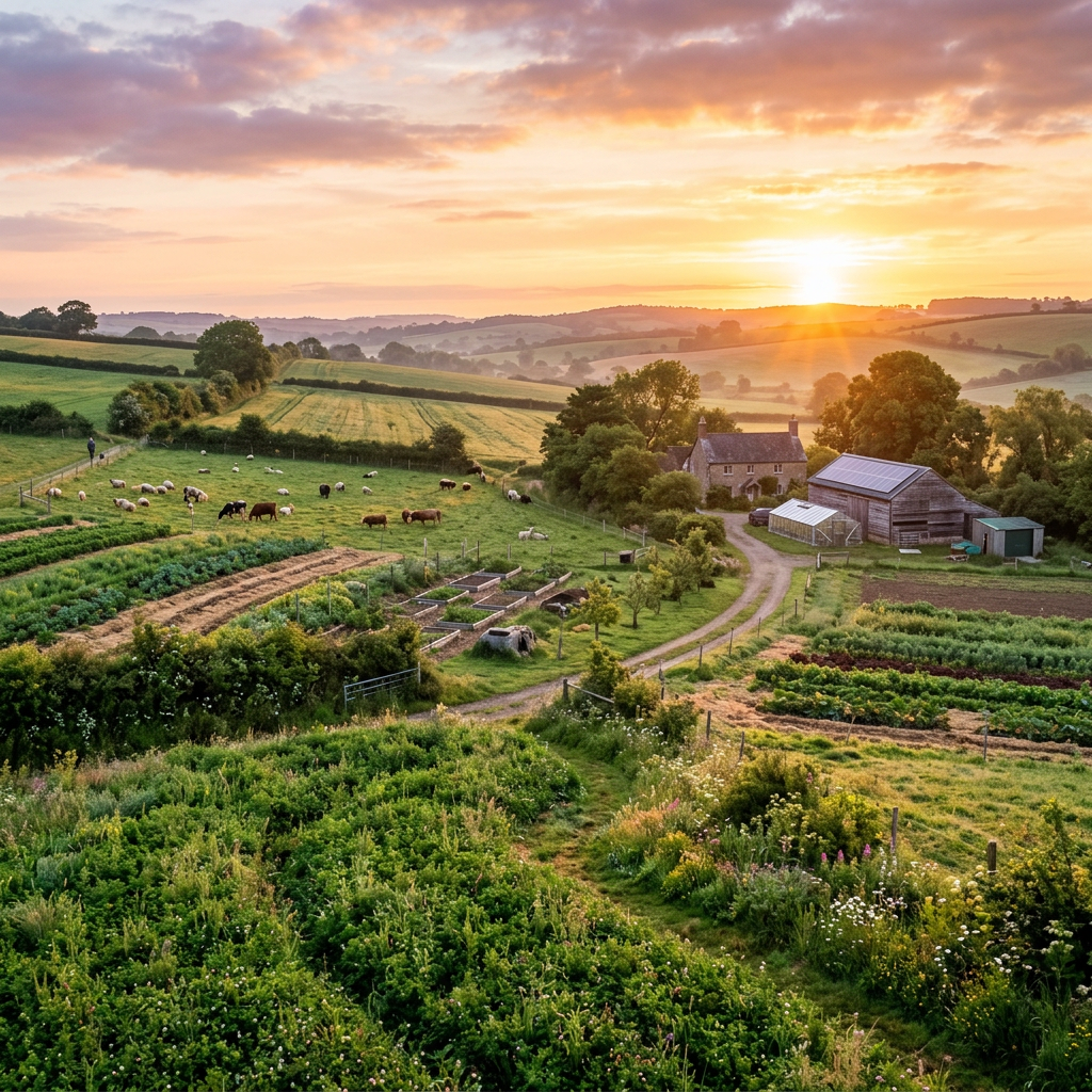 Regenerative farmland landscape at sunrise